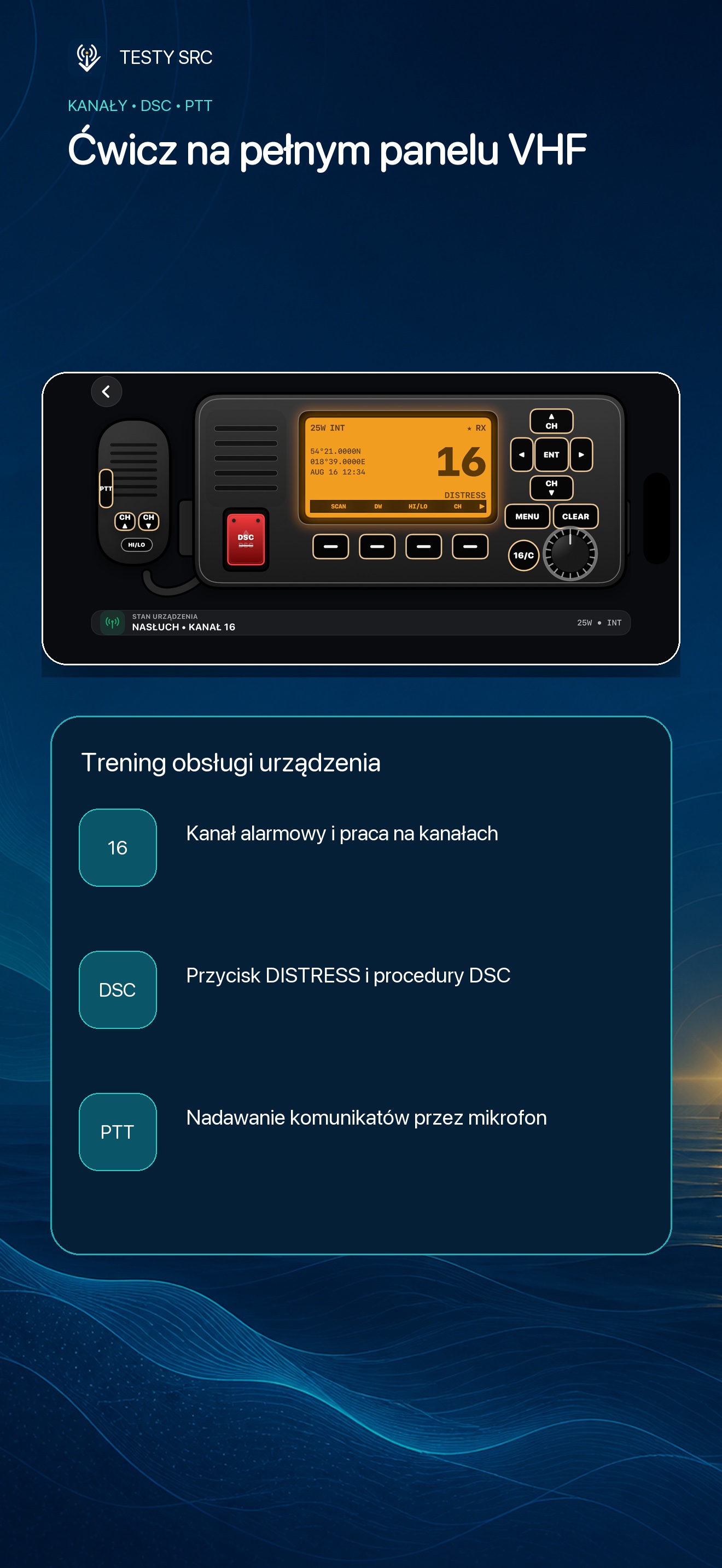 Pełny panel radia VHF z obsługą DSC w aplikacji Testy SRC