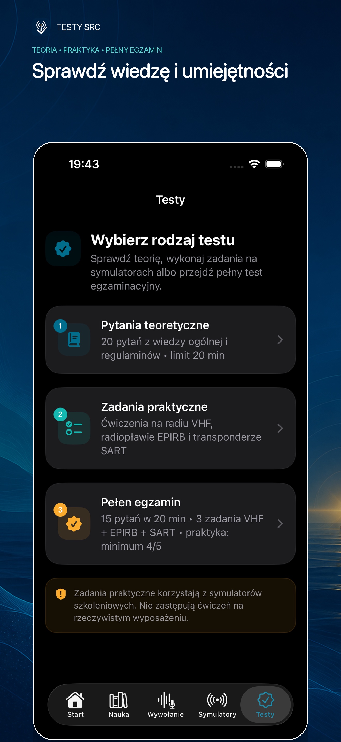 Pełny egzamin obejmujący teorię i zadania praktyczne w aplikacji Testy SRC