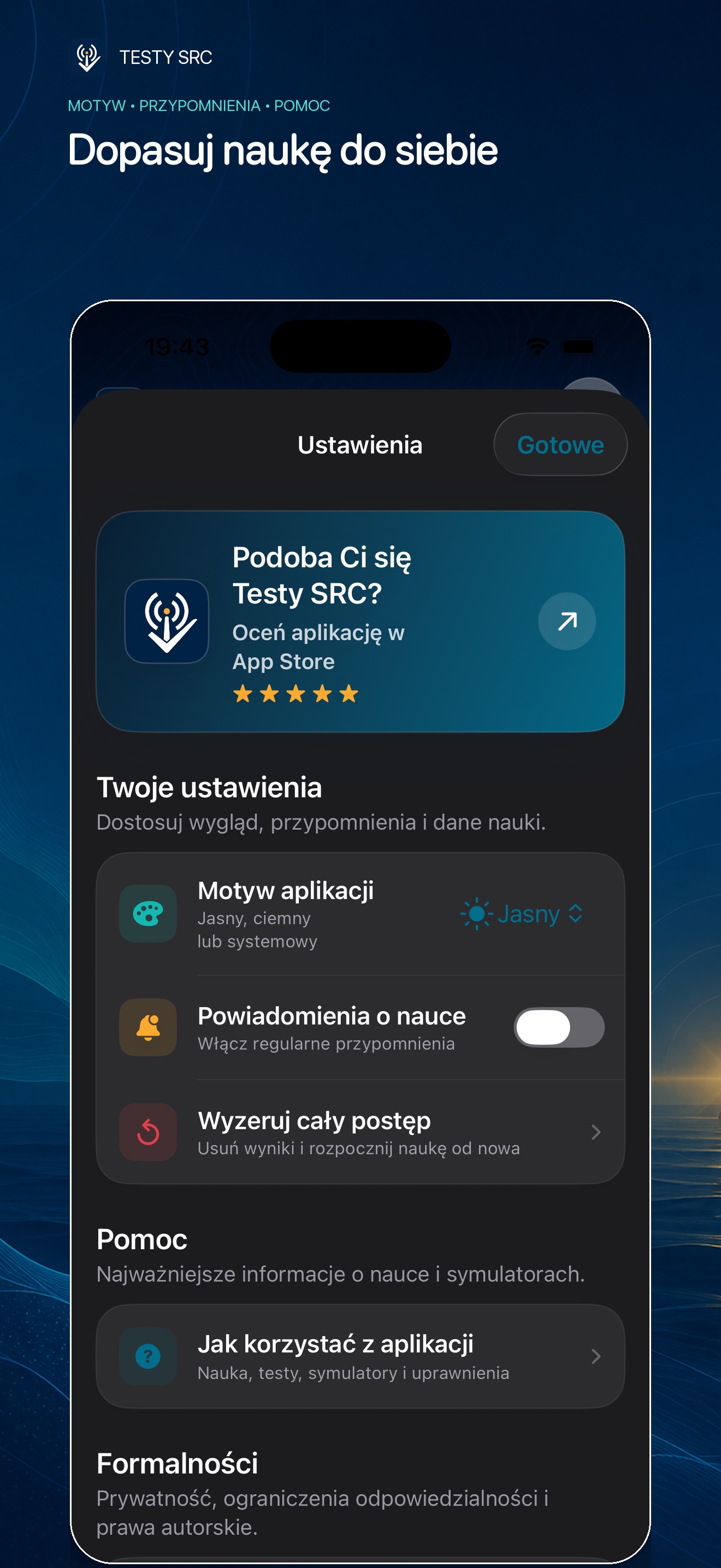 Ustawienia motywu, przypomnień i danych nauki w Testy SRC