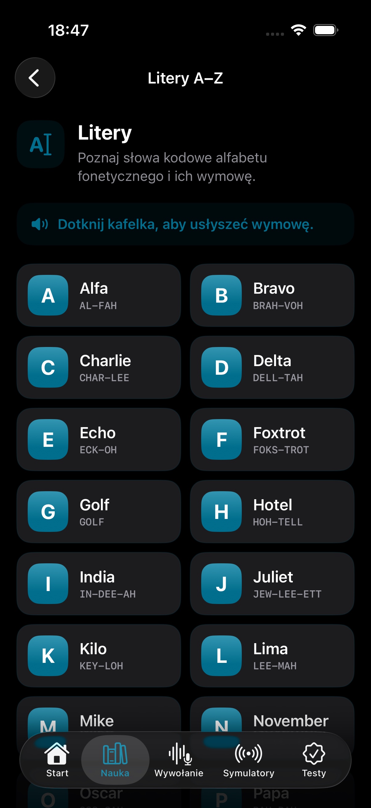 Alfabet fonetyczny i ćwiczenia w aplikacji Testy SRC